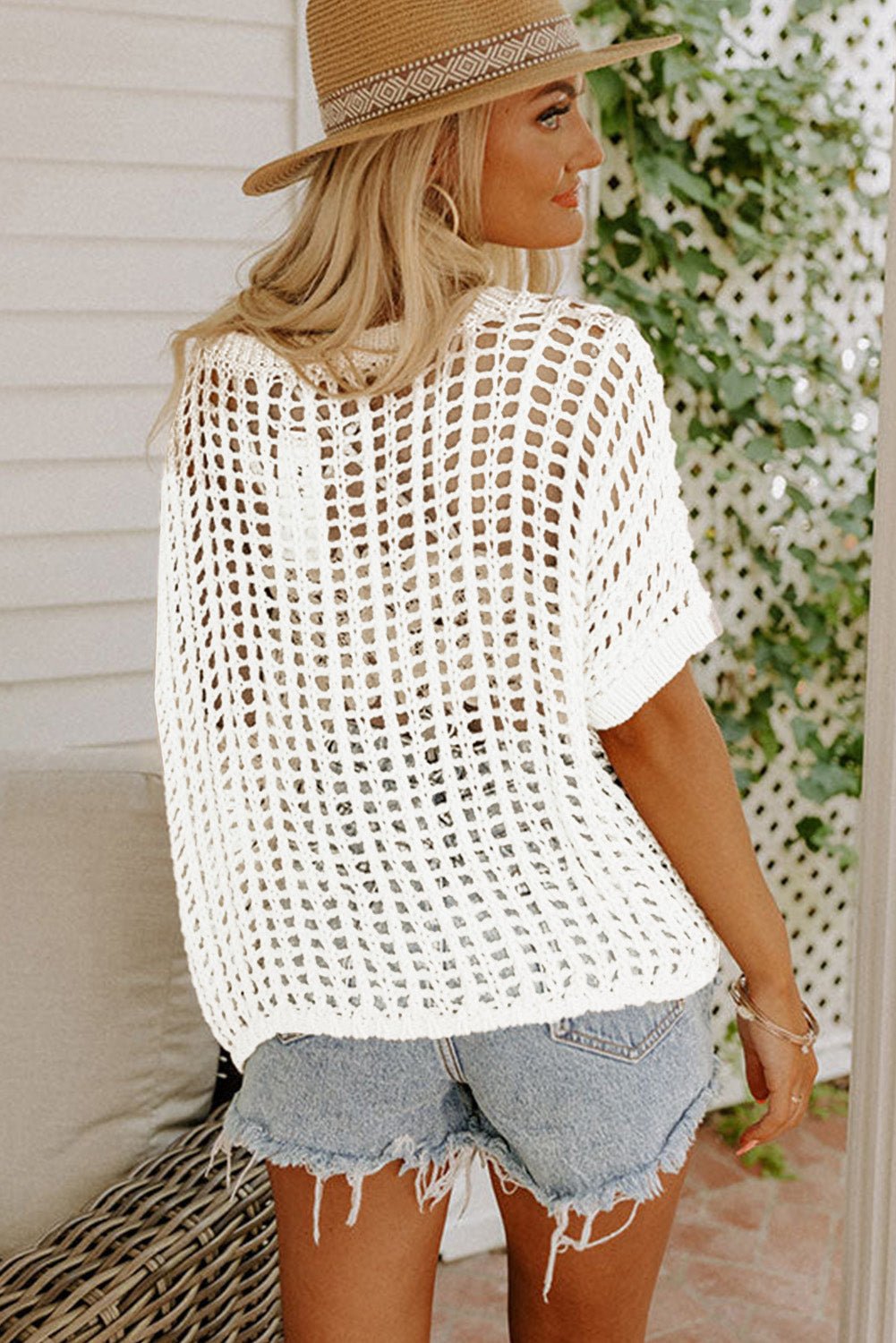 Airy Elegance: Fishnet Knit Ribbed Round Neck Short Sleeve Tee - The Charming Petite