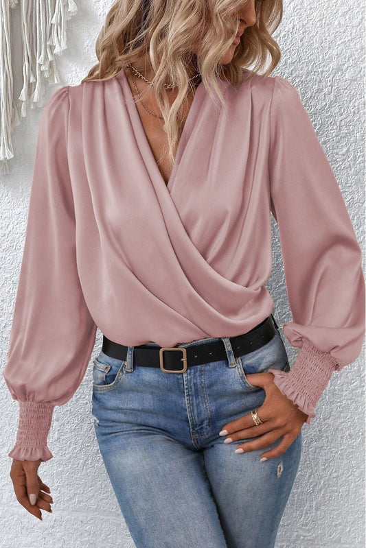 Basic Drape V Neck Long Sleeve Blouse for Women in Black or Khaki - The Charming Petite