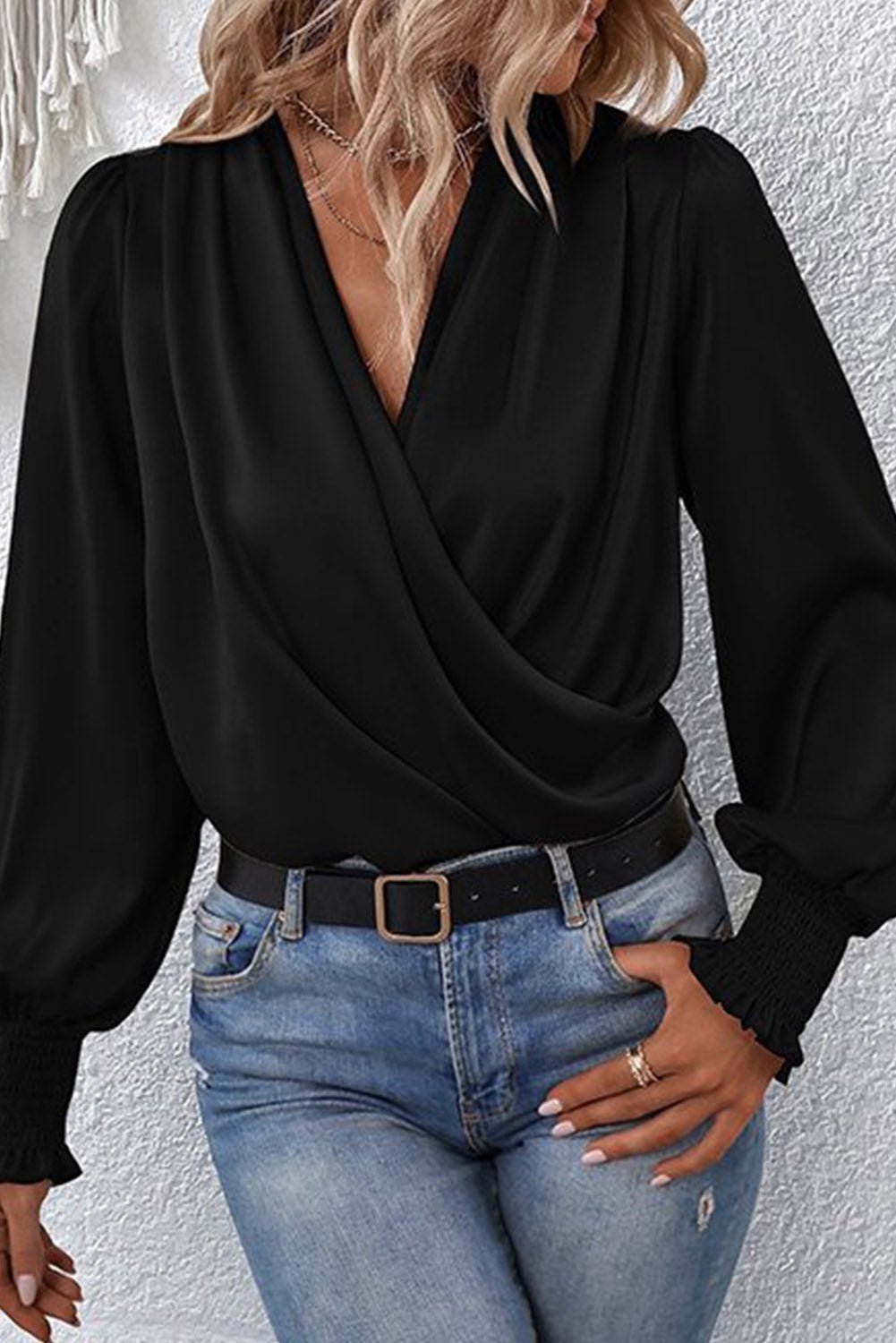 Basic Drape V Neck Long Sleeve Blouse for Women in Black or Khaki - The Charming Petite