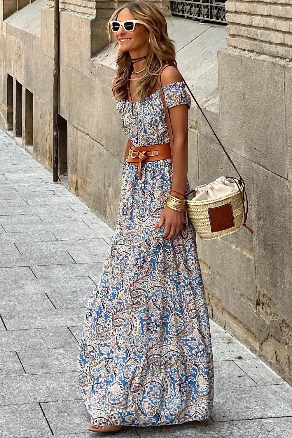 Bohemian Paisley Print Off Shoulder Maxi Dress - The Charming Petite