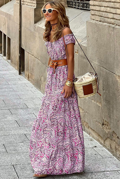 Bohemian Paisley Print Off Shoulder Maxi Dress - The Charming Petite