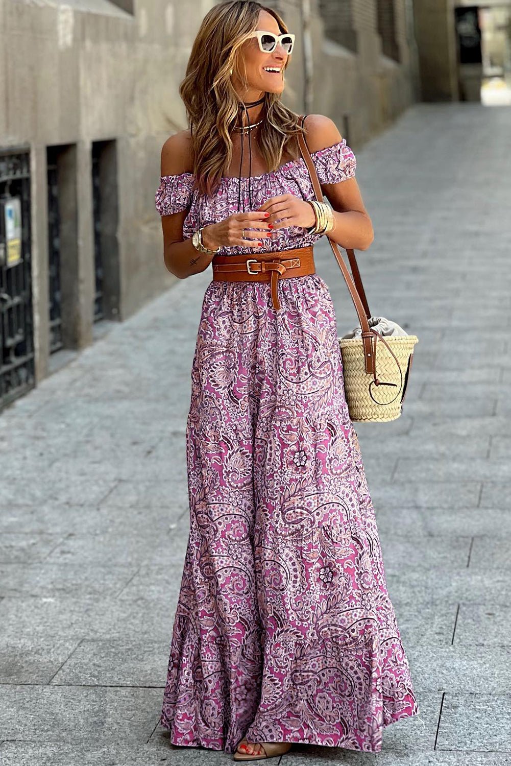 Bohemian Paisley Print Off Shoulder Maxi Dress - The Charming Petite