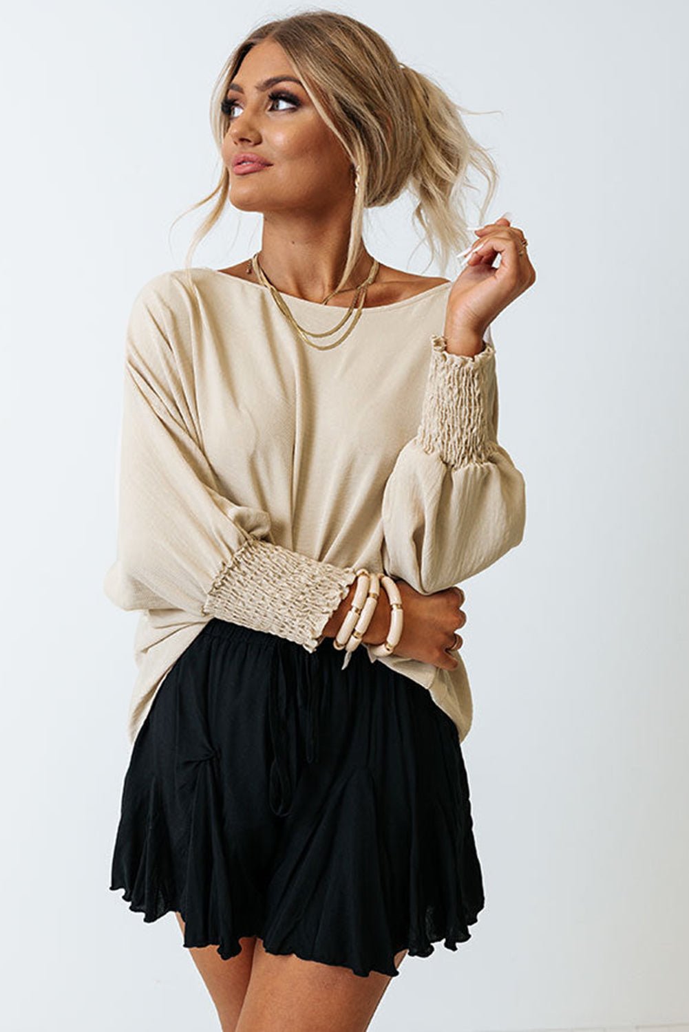 Casual Elegance: Shirred Cuffs Half Sleeve Top - The Charming Petite