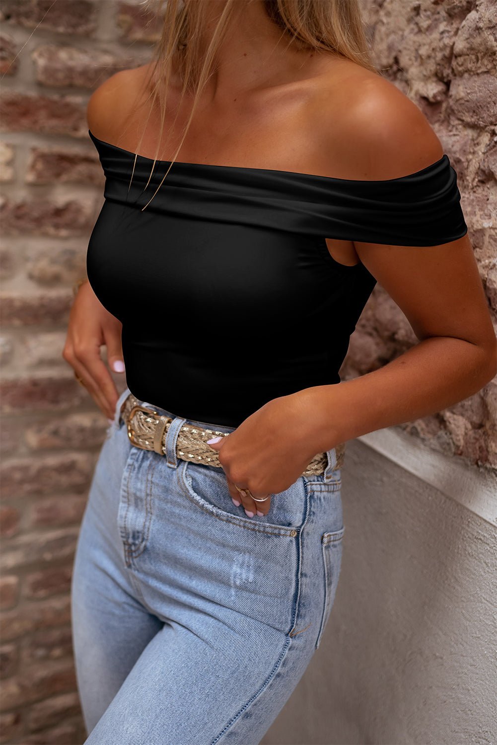 Chic Elegance: Folded Off - Shoulder Slim Shirt - The Charming Petite