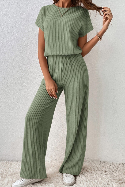 Comfortable Short Sleeve Rib Knit Jumpsuit - The Charming Petite