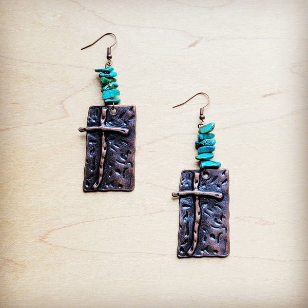 Copper Cross Earrings w/ Natural Turquoise Chunks - The Charming Petite