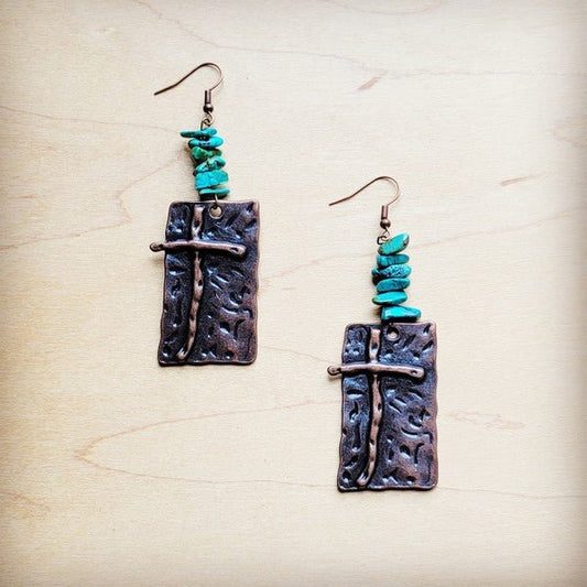 Copper Cross Earrings w/ Natural Turquoise Chunks - The Charming Petite