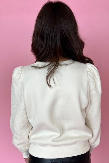 Cozy Chic: White Plaid Puff Sleeve Sweatshirt - The Charming Petite