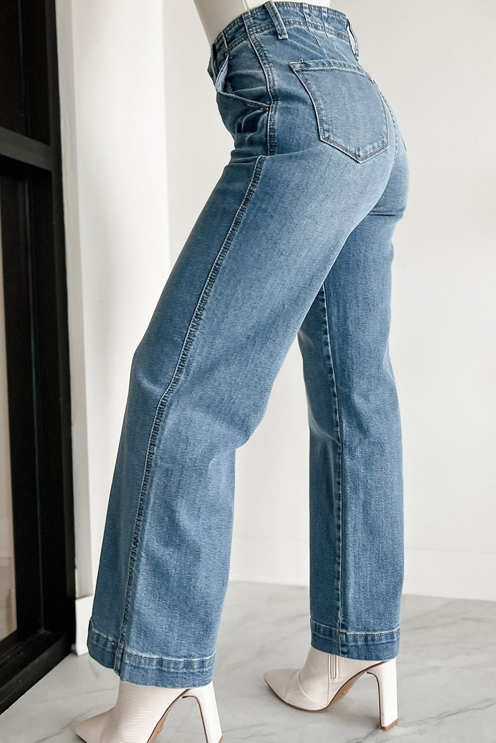 Dusk Blue Multi Button Waist Wash Straight Leg Jeans - The Charming Petite