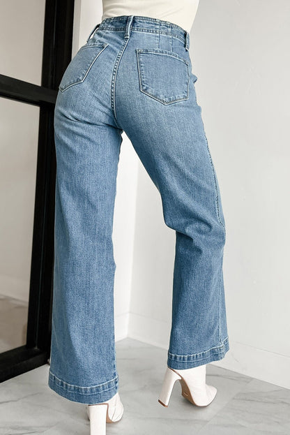 Dusk Blue Multi Button Waist Wash Straight Leg Jeans - The Charming Petite