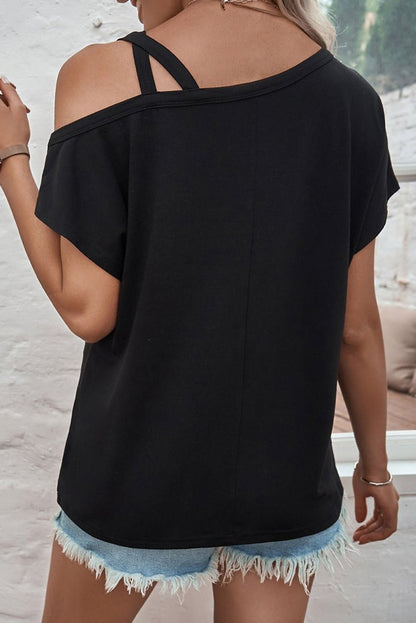 Edgy Elegance: Black Asymmetric Criss Cross Cold Shoulder T-Shirt - The Charming Petite