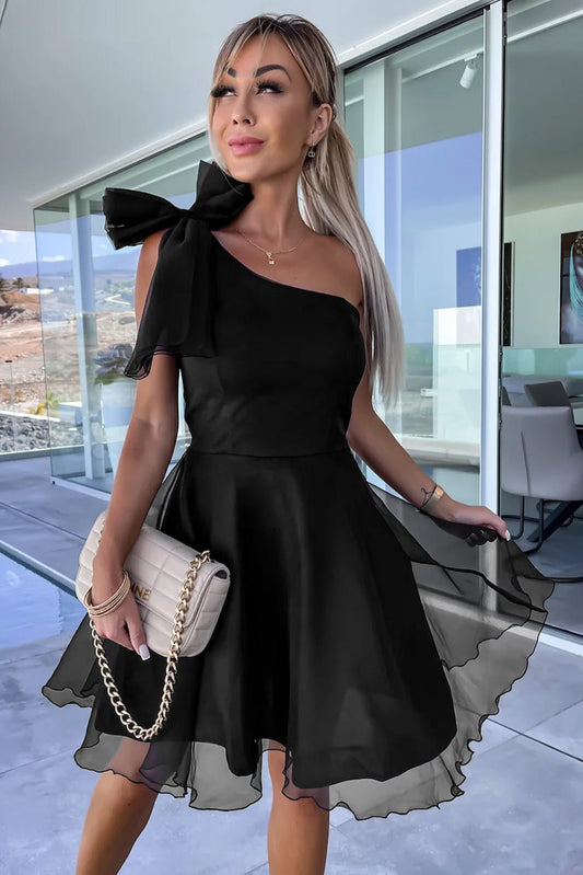 Elegant Black One Shoulder Skater Dress - The Charming Petite