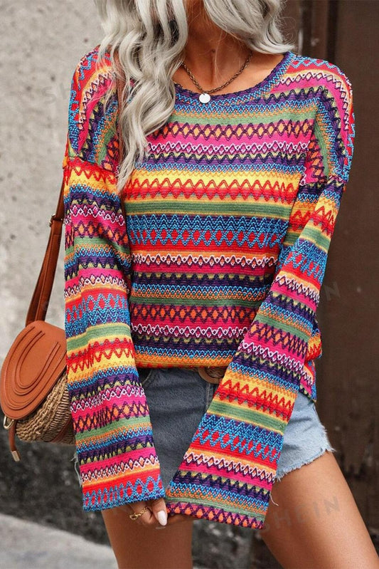 Ethnic Wavy Stripe Pattern Casual Sweater - The Charming Petite