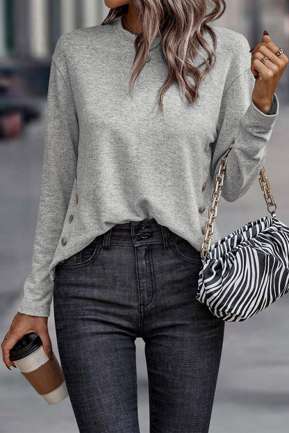 Gray Crew Neck Top with Side Buttons - The Charming Petite