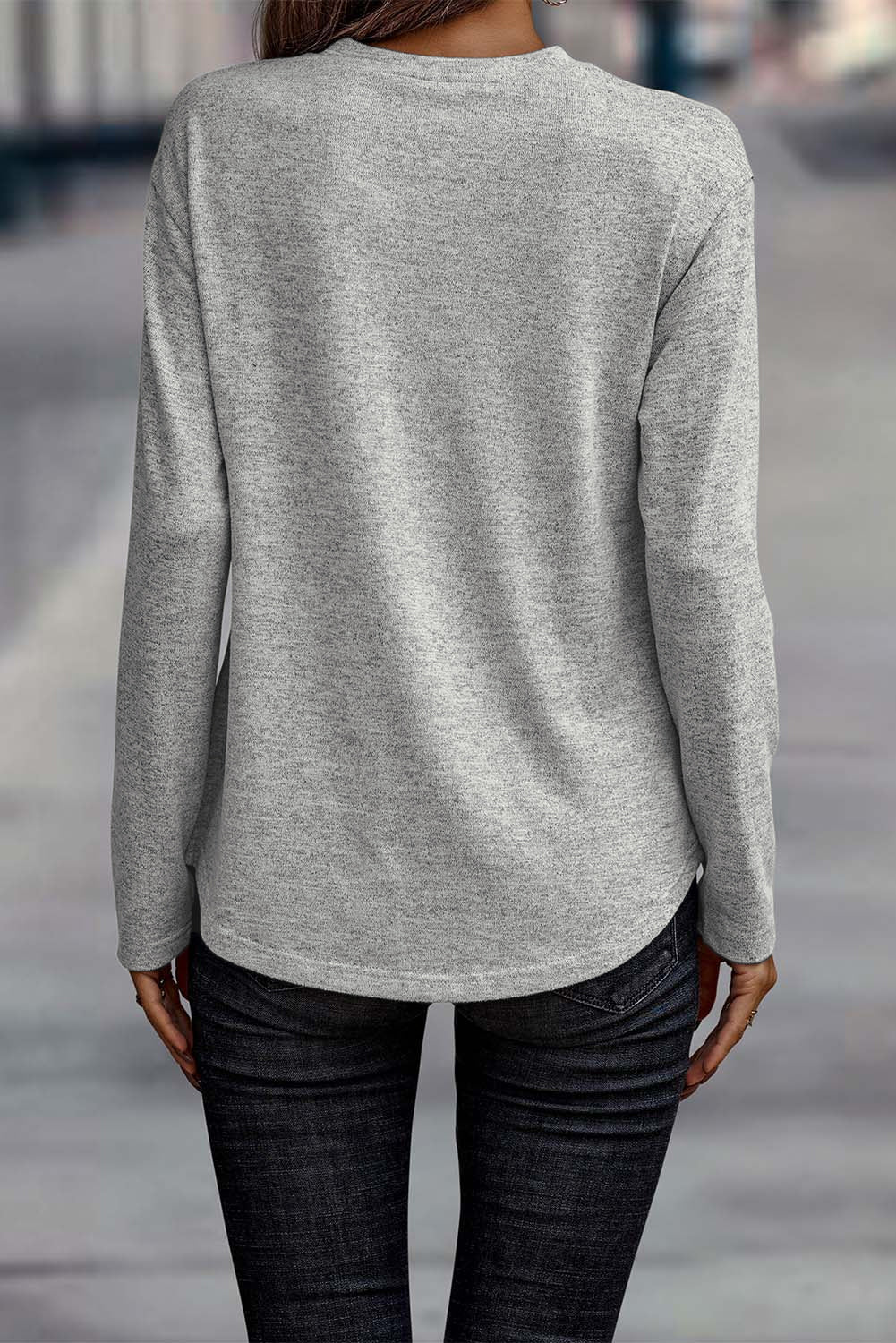 Gray Crew Neck Top with Side Buttons - The Charming Petite