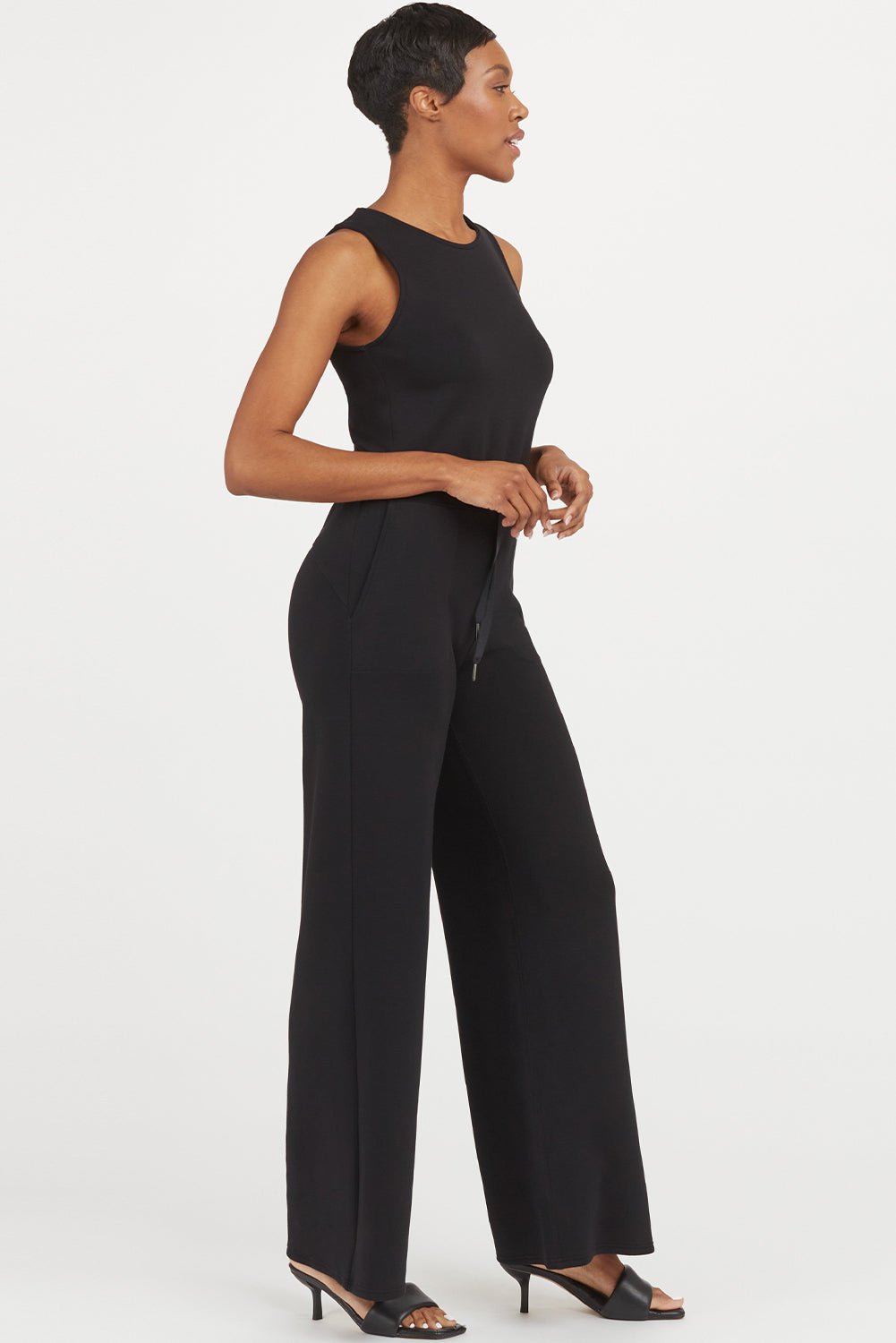 Modern Elegance: Sleeveless Wide-Leg Tank Jumpsuit in Classic Solid Black - The Charming Petite