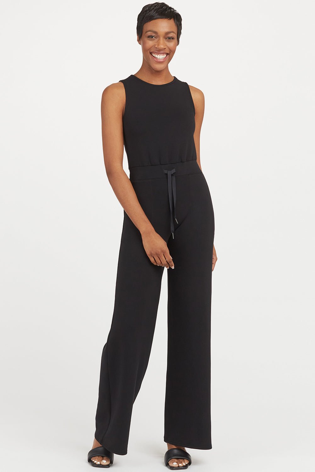 Modern Elegance: Sleeveless Wide-Leg Tank Jumpsuit in Classic Solid Black - The Charming Petite