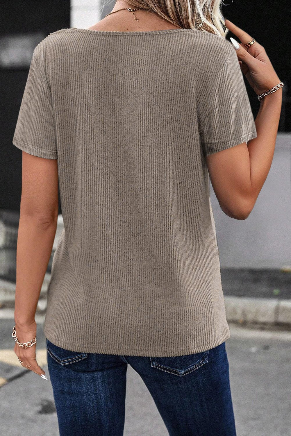 Pale Khaki Elegance: Buttoned Strappy V-Neck Ribbed Tee - The Charming Petite