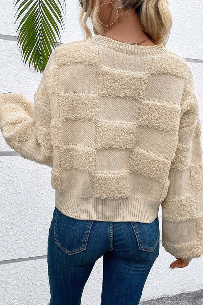 Parchment Checkered Sherpa Crew Neck Sweater - The Charming Petite