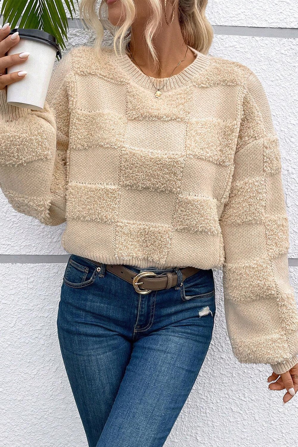 Parchment Checkered Sherpa Crew Neck Sweater - The Charming Petite