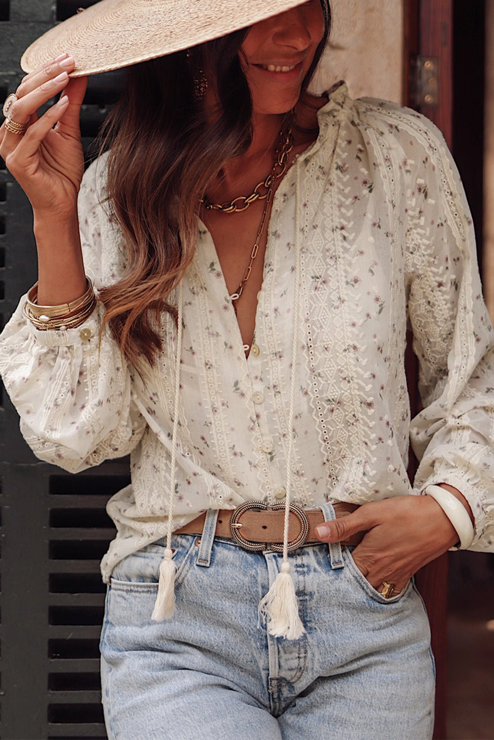 Red Floral Blouse with Lace Details - The Charming Petite