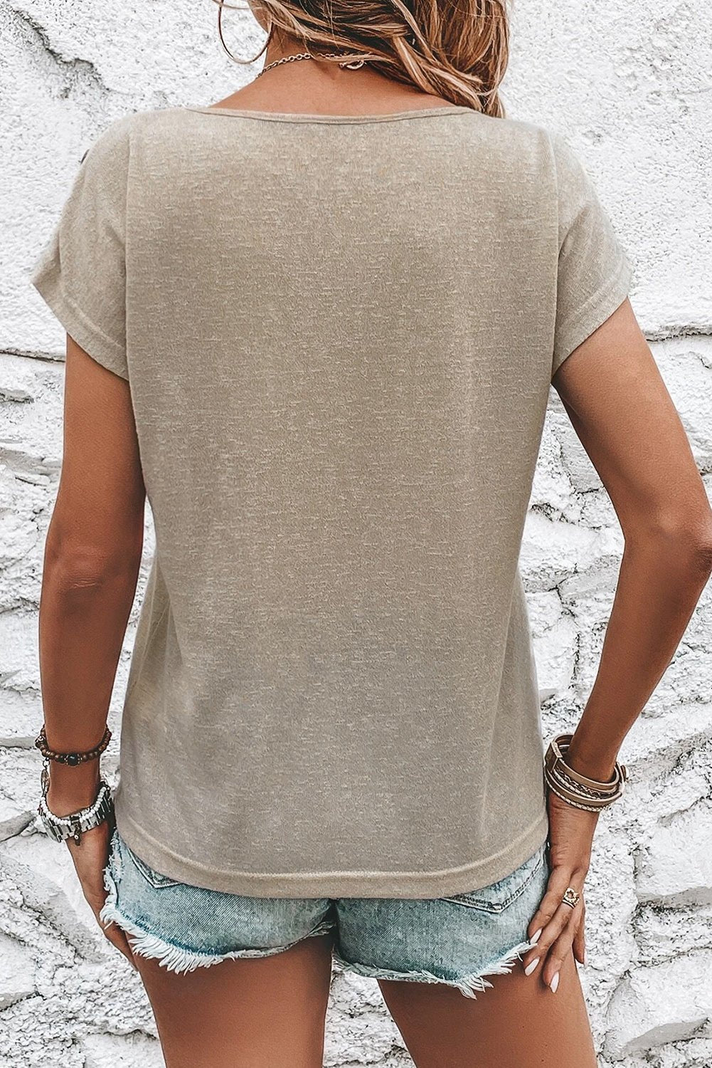 Solid Color Smoke Gray Tee with Batwing Sleeve and Button Detail - The Charming Petite