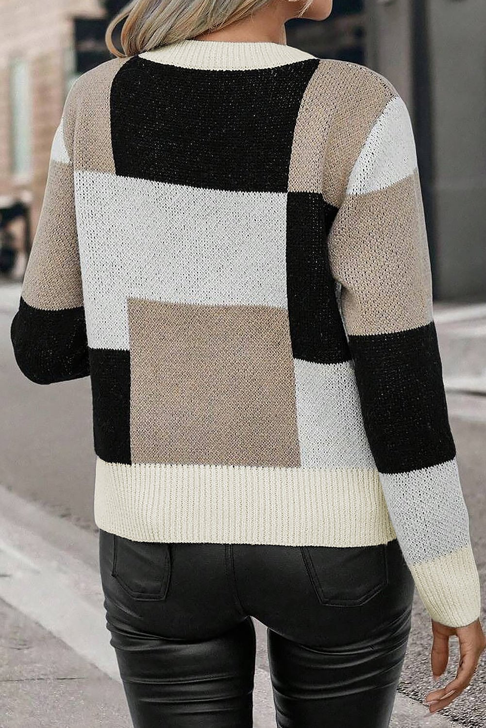 Stylish Black Checkered Color - block Knit Sweater - The Charming Petite