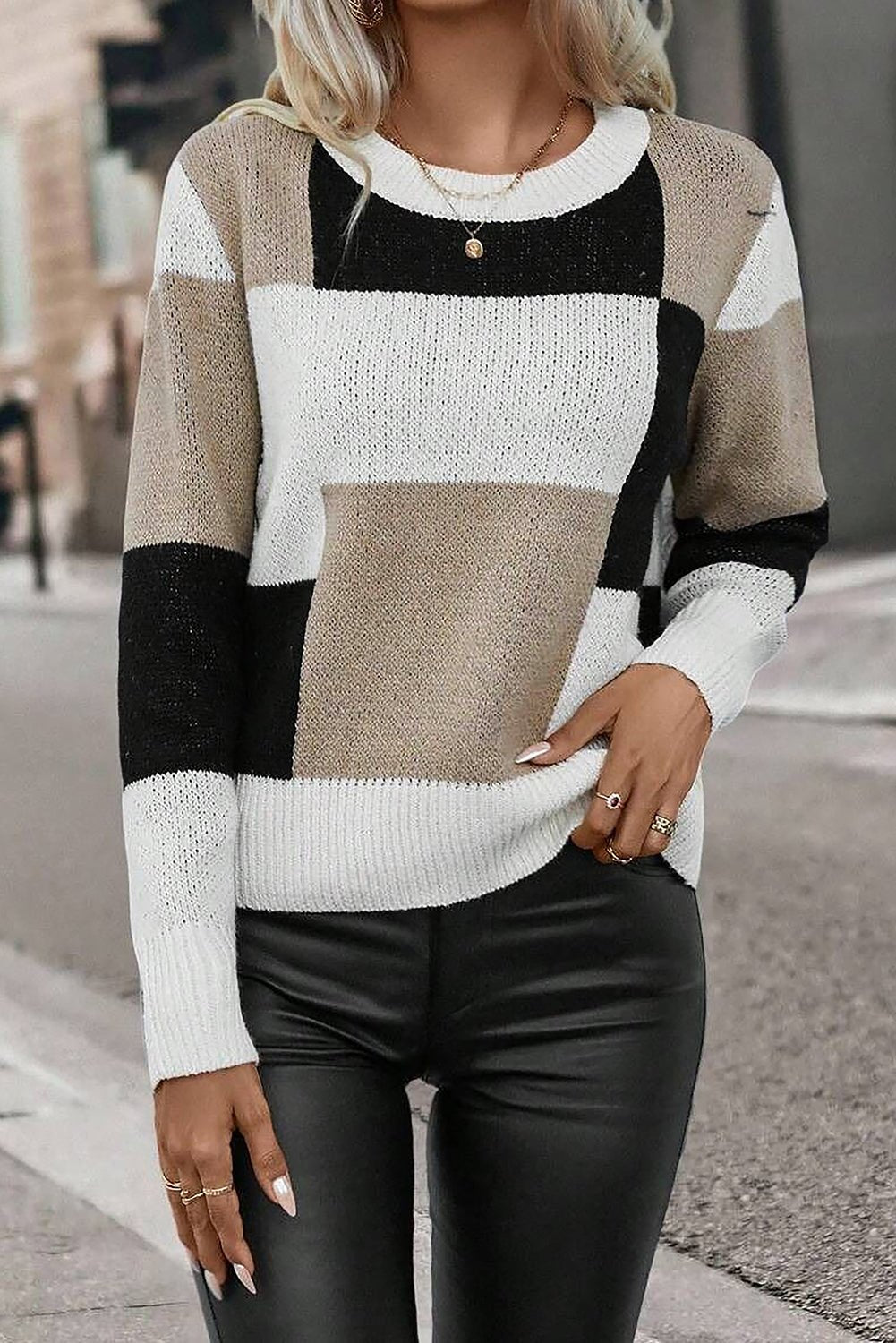 Stylish Black Checkered Color - block Knit Sweater - The Charming Petite