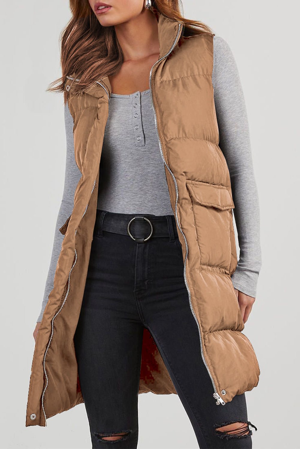 Stylish Warmth: Solid Color Pocketed Vest Coat - The Charming Petite