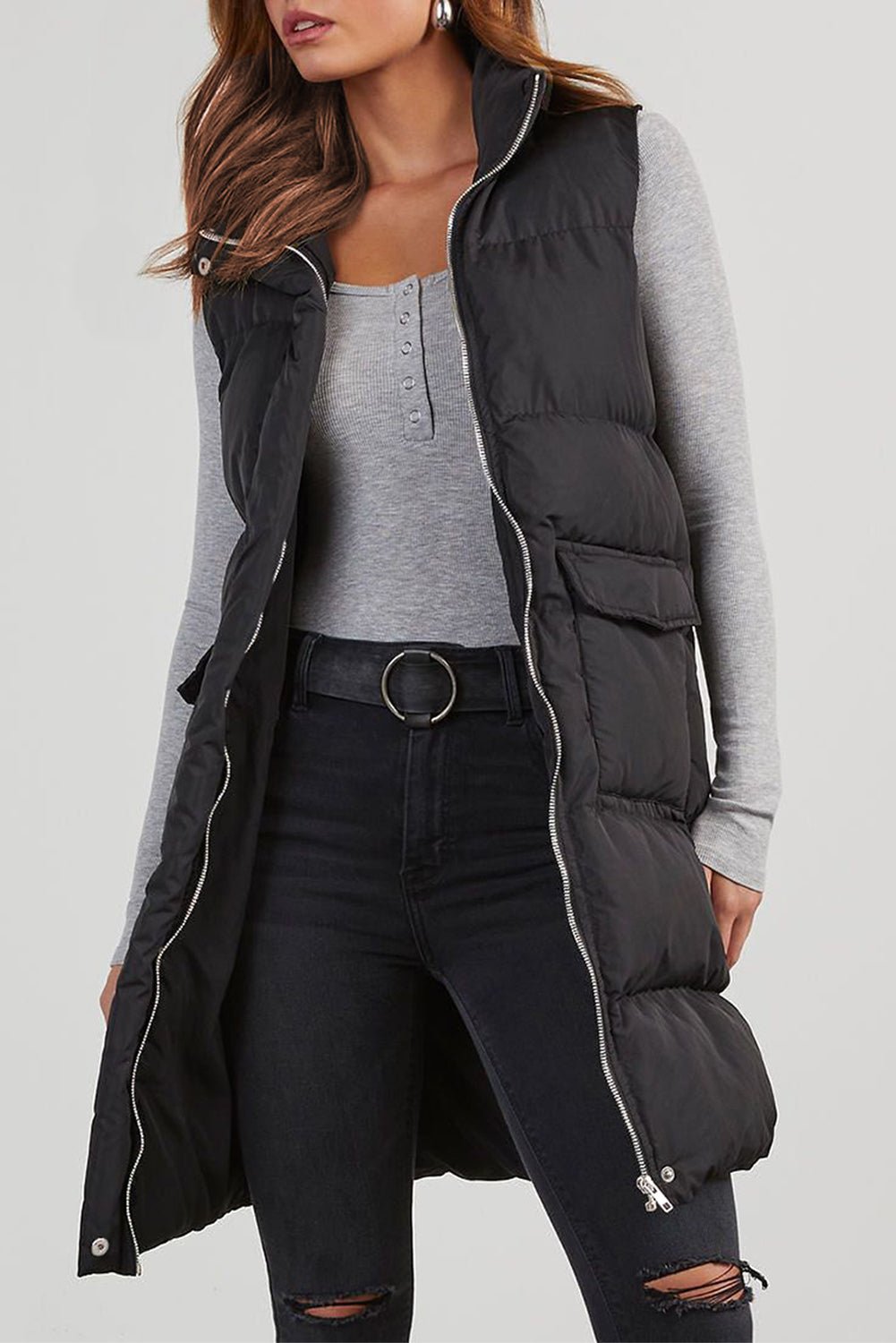 Stylish Warmth: Solid Color Pocketed Vest Coat - The Charming Petite