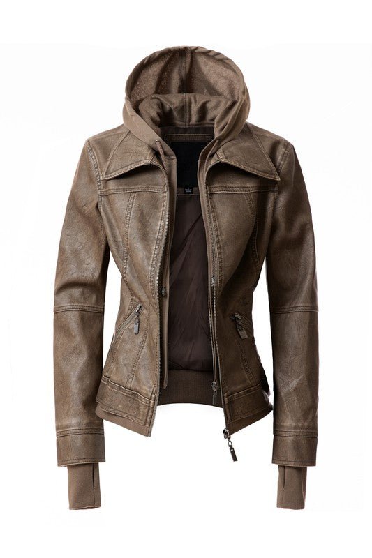 Trendy PU Leather Jacket with Hood - The Charming Petite