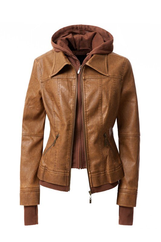 Trendy PU Leather Jacket with Hood - The Charming Petite