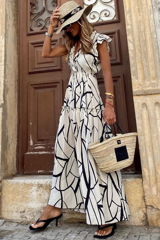 White Abstract Print V Neck Ruffle Maxi Dress - The Charming Petite