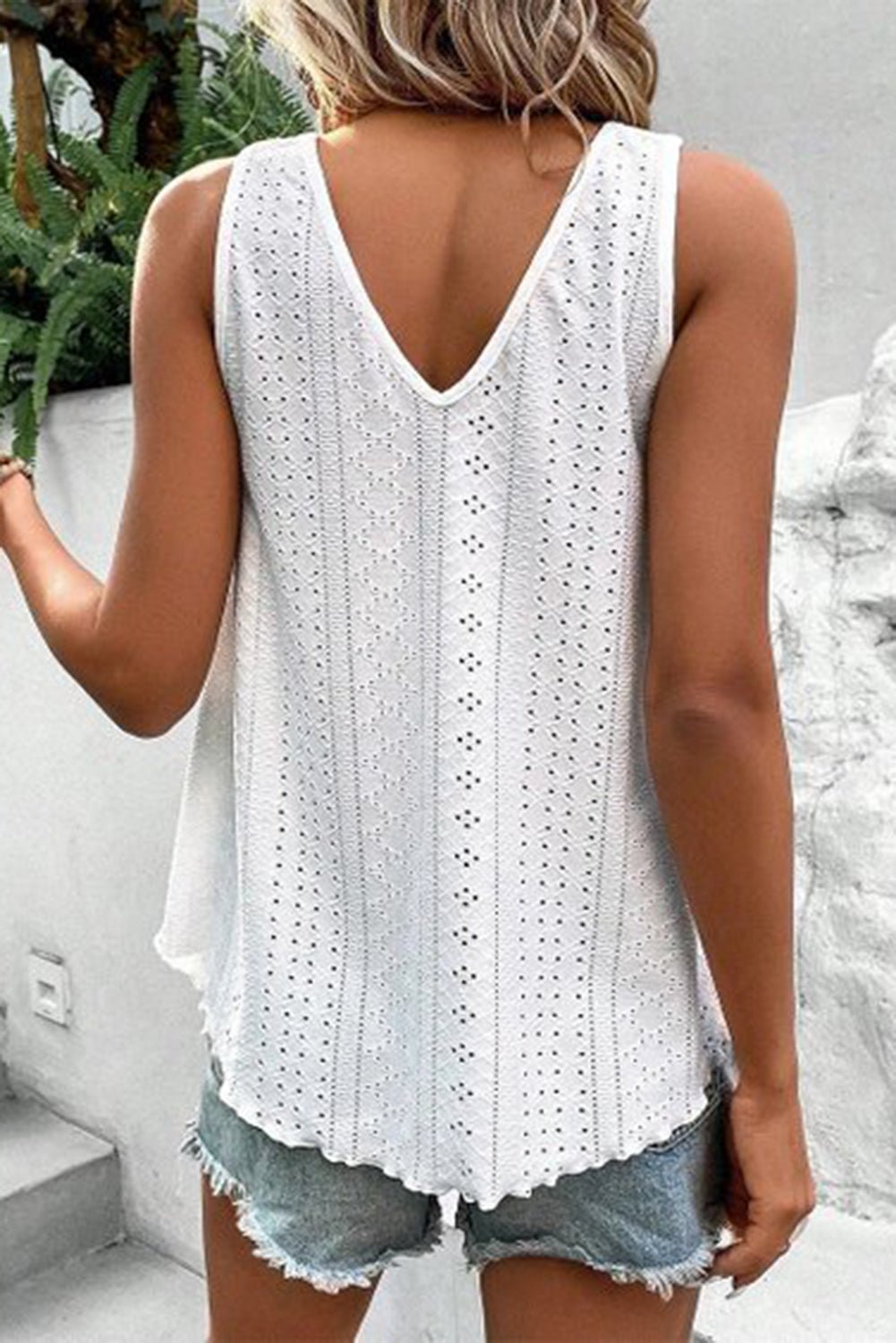 White Lace Crochet Splicing Eyelet V Neck Tank Top - The Charming Petite