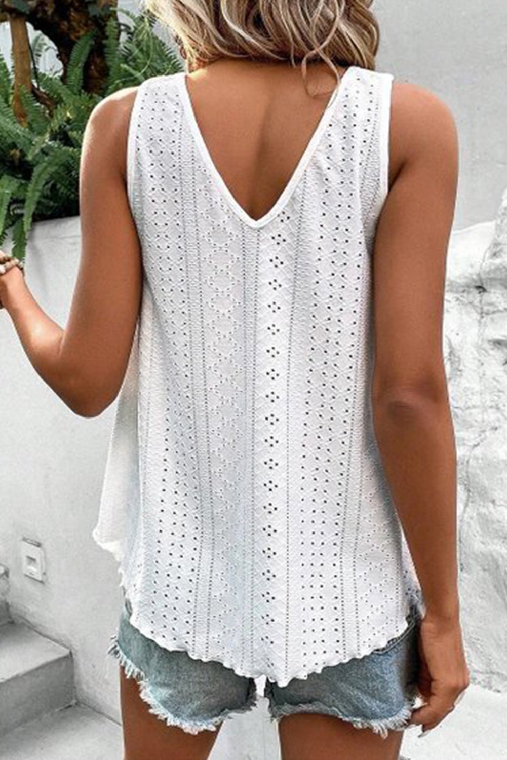 White Plus Size V Neck Eyelet Guipure Lace Tank Top - The Charming Petite