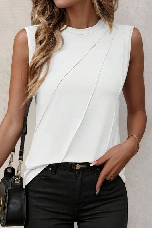 White Solid Color Pleated Crew Neck Tank Top - The Charming Petite