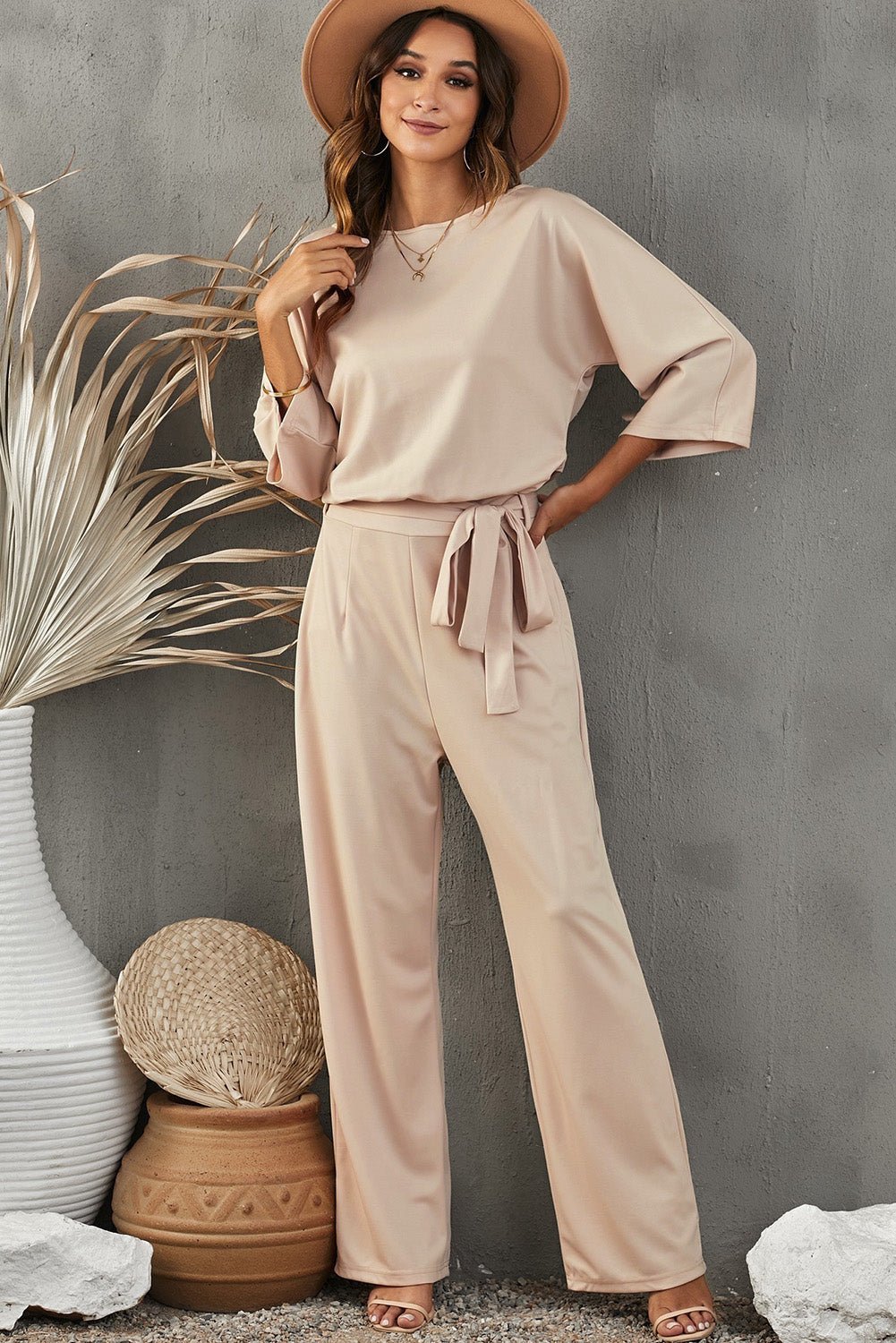 Apricot Boat Neck Knot Wide Leg Jumpsuit - The Charming Petite