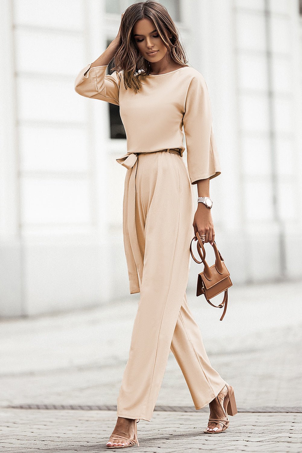 Apricot Boat Neck Knot Wide Leg Jumpsuit - The Charming Petite