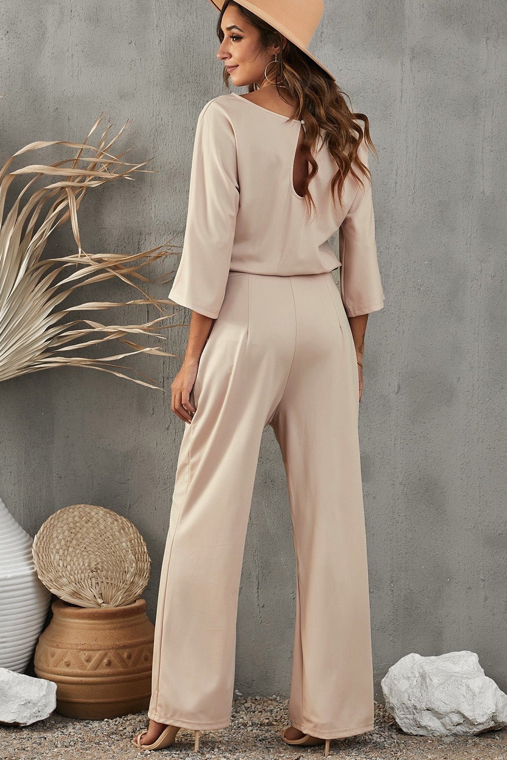 Apricot Boat Neck Knot Wide Leg Jumpsuit - The Charming Petite