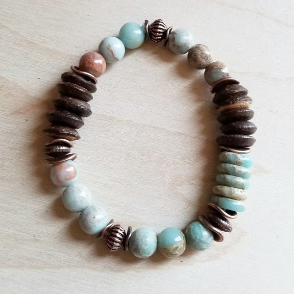 Bohemian Aqua Terra and Wood Bracelet - The Charming Petite