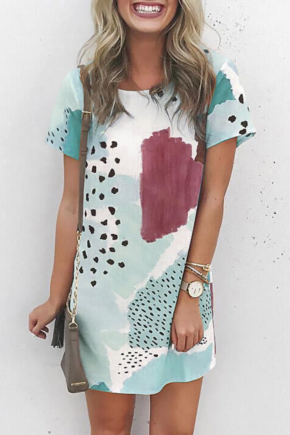 Casual Tie Dye Spotted Shirt Dress in White & Sky Blue - The Charming Petite