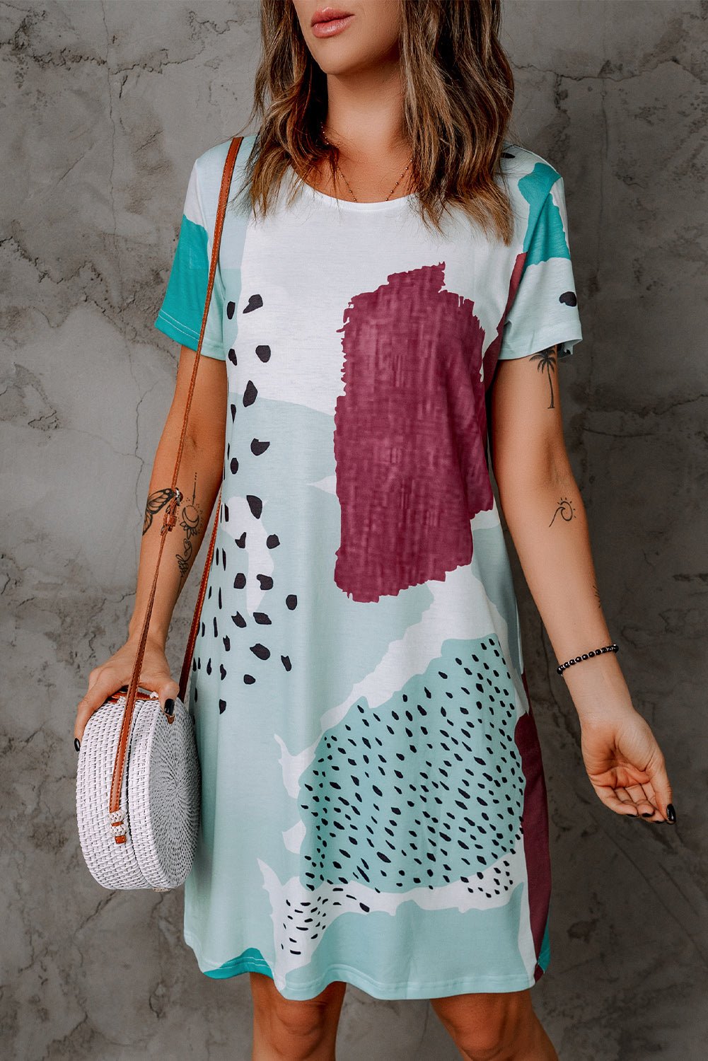 Casual Tie Dye Spotted Shirt Dress in White & Sky Blue - The Charming Petite