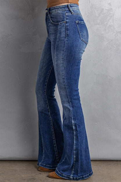 Dark Blue Plus Size Stitching Washed Flare Jeans - The Charming Petite