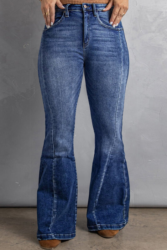 Dark Blue Plus Size Stitching Washed Flare Jeans - The Charming Petite