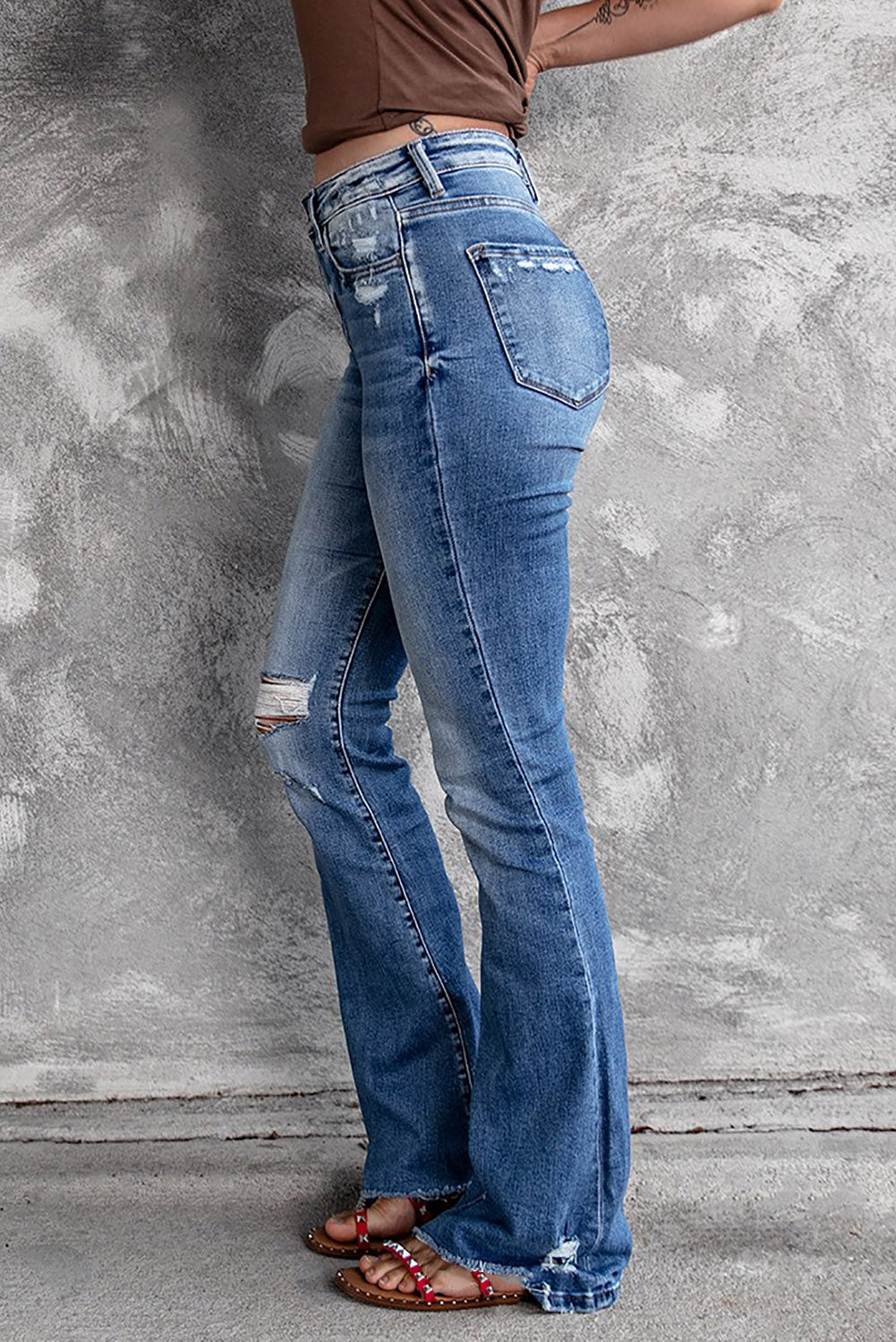 Dark Blue Ripped Raw Hem High Waist Flare Jeans - The Charming Petite