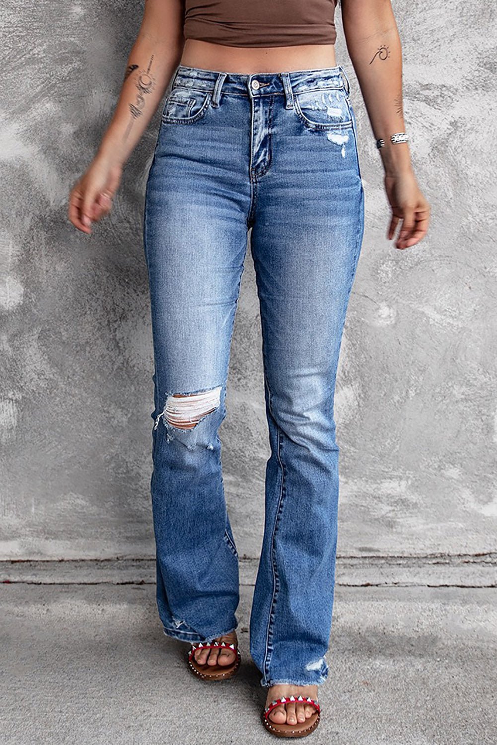 Dark Blue Ripped Raw Hem High Waist Flare Jeans - The Charming Petite