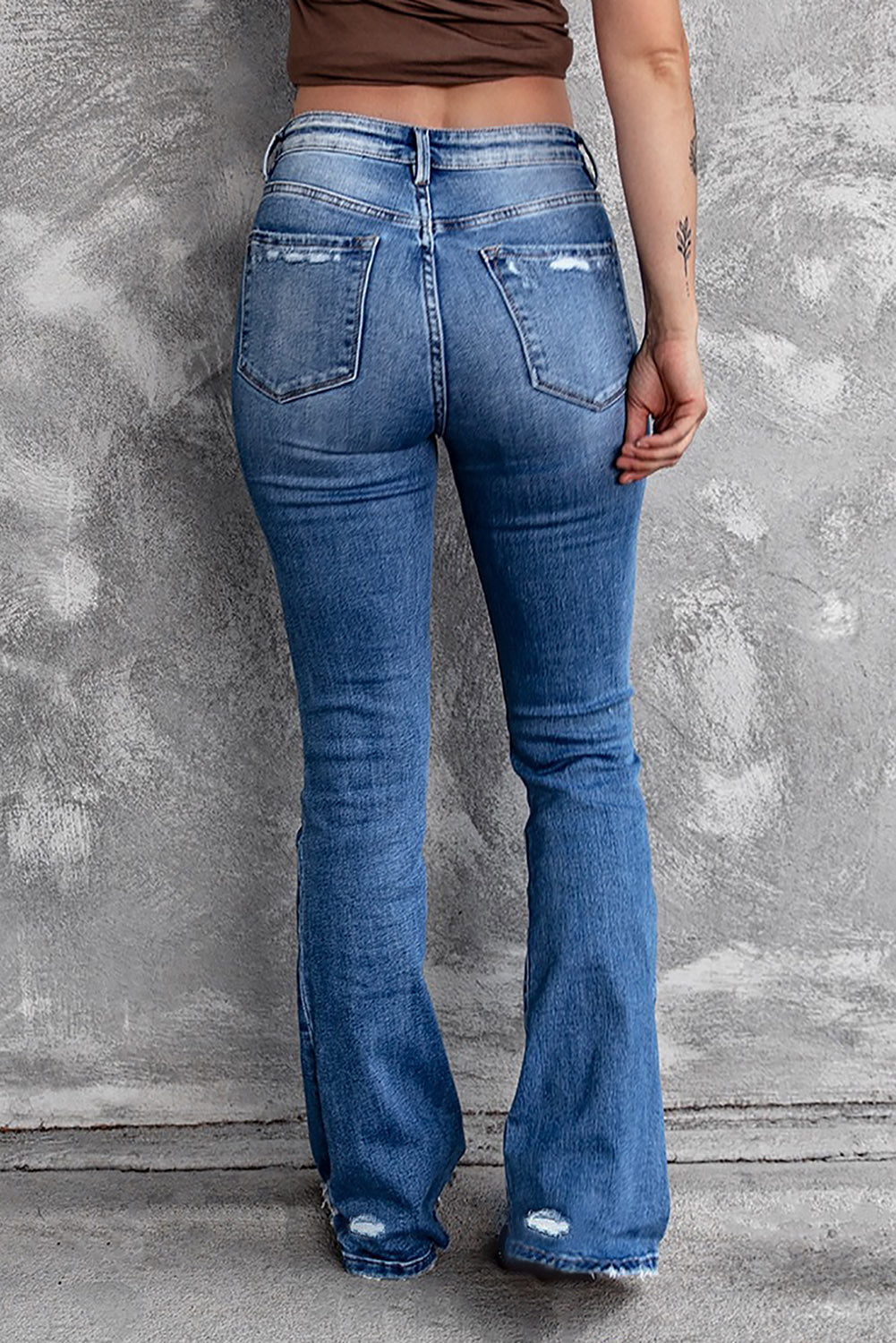 Dark Blue Ripped Raw Hem High Waist Flare Jeans - The Charming Petite