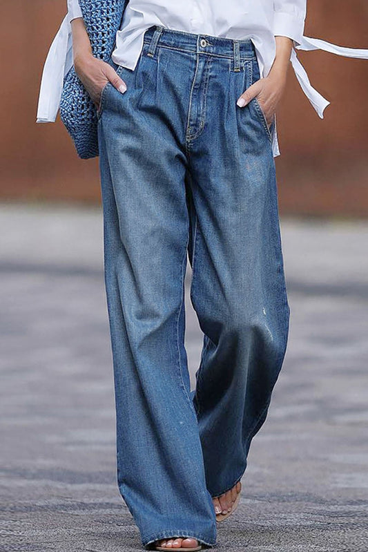 Dark Blue Slouchy Pocket Casual Wide Leg Jeans - The Charming Petite