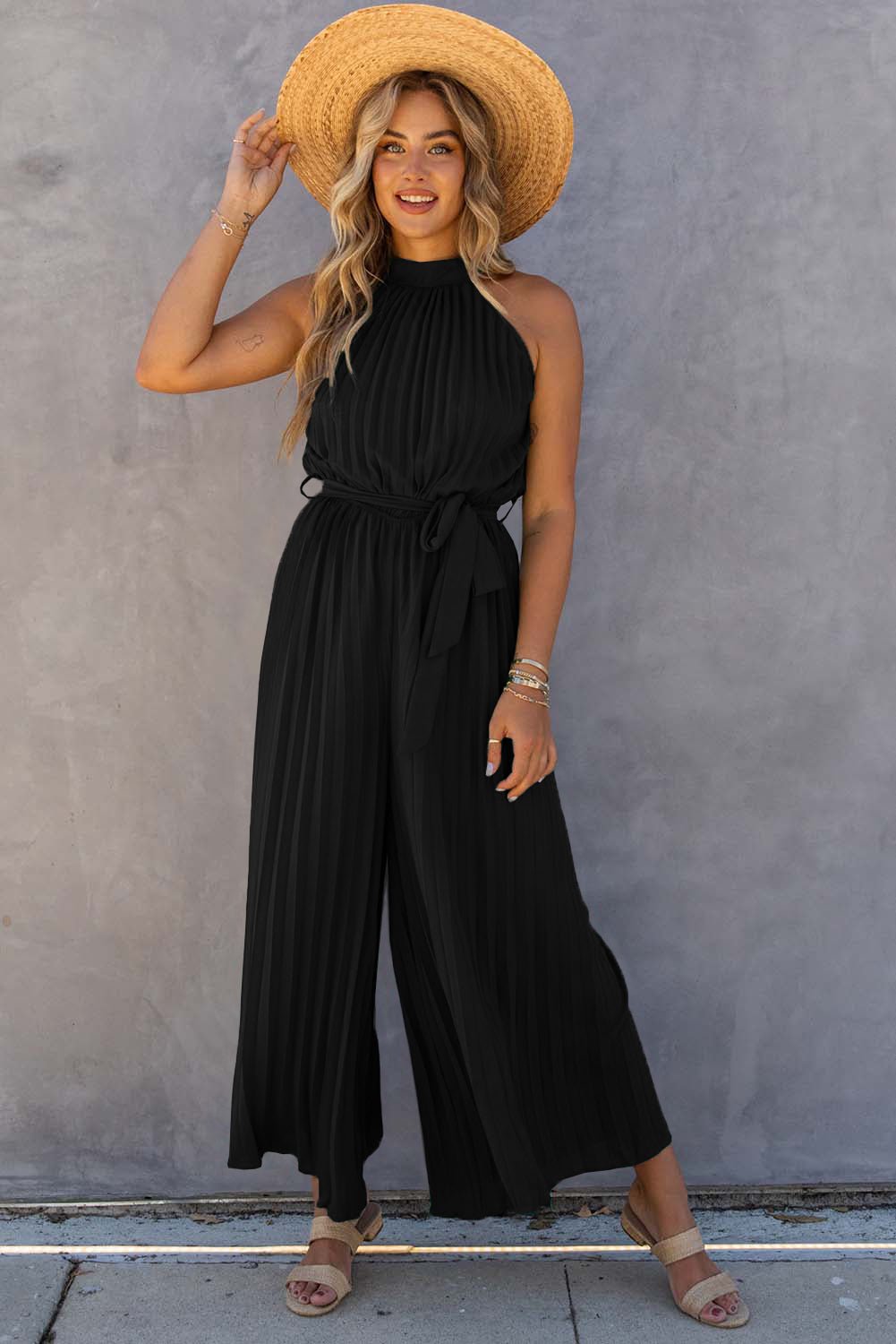 Green Elegant Halter Neck Belted Pleated Wide Leg Jumpsuit - The Charming Petite