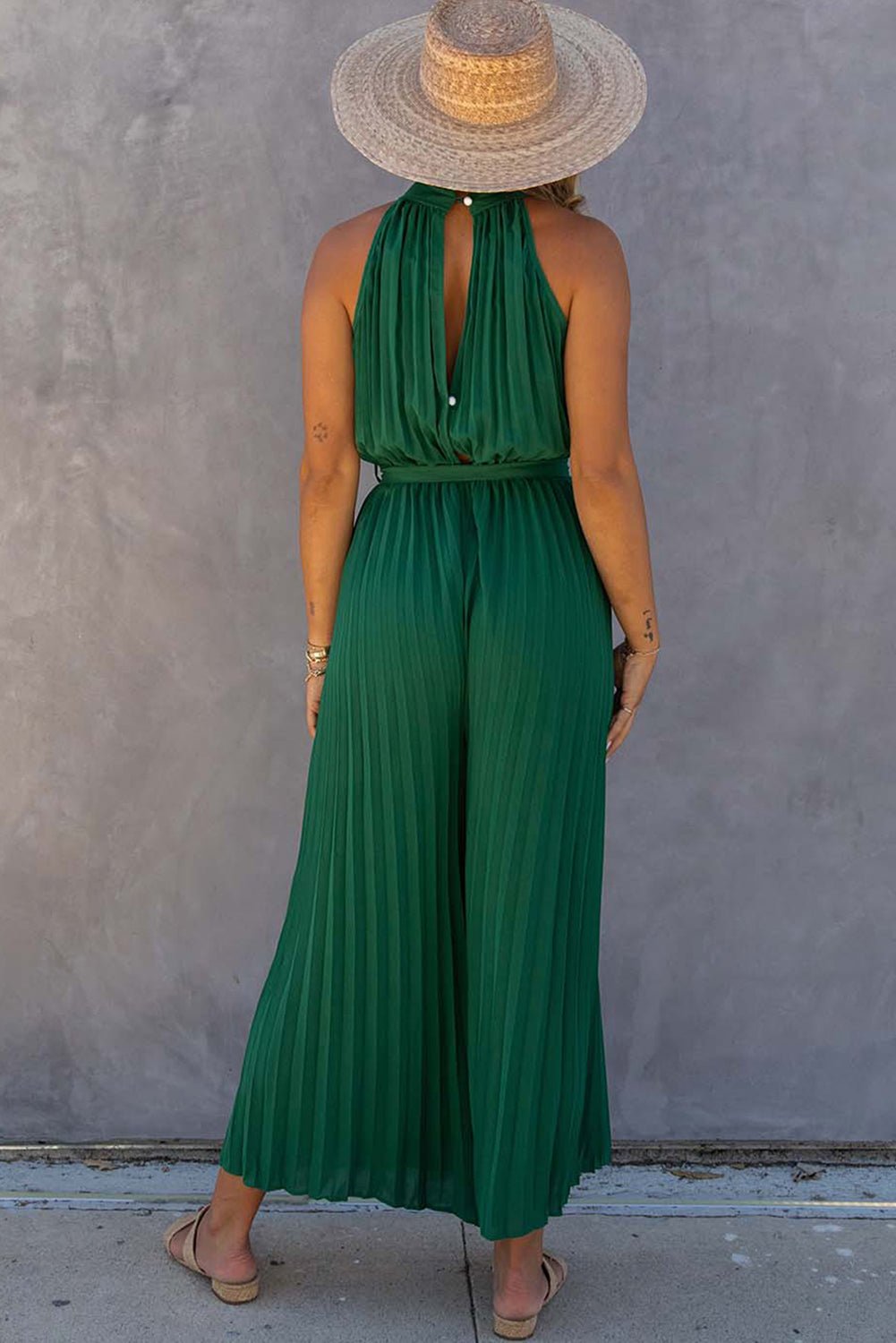 Green Elegant Halter Neck Belted Pleated Wide Leg Jumpsuit - The Charming Petite